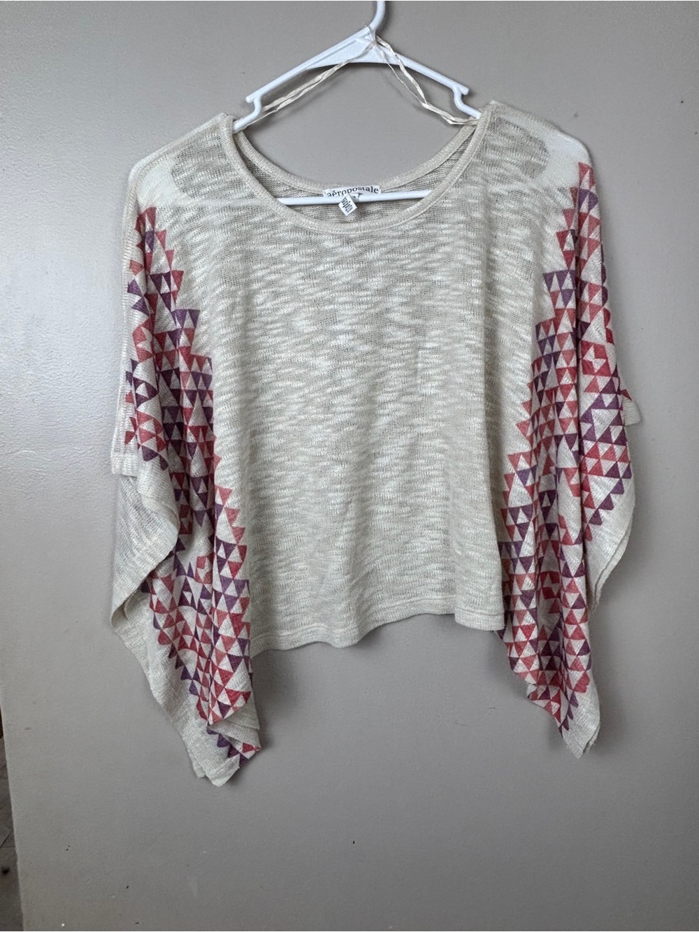 Aeropostale Cream Poncho Sweater with Pink & Purple Geometric Sleeves